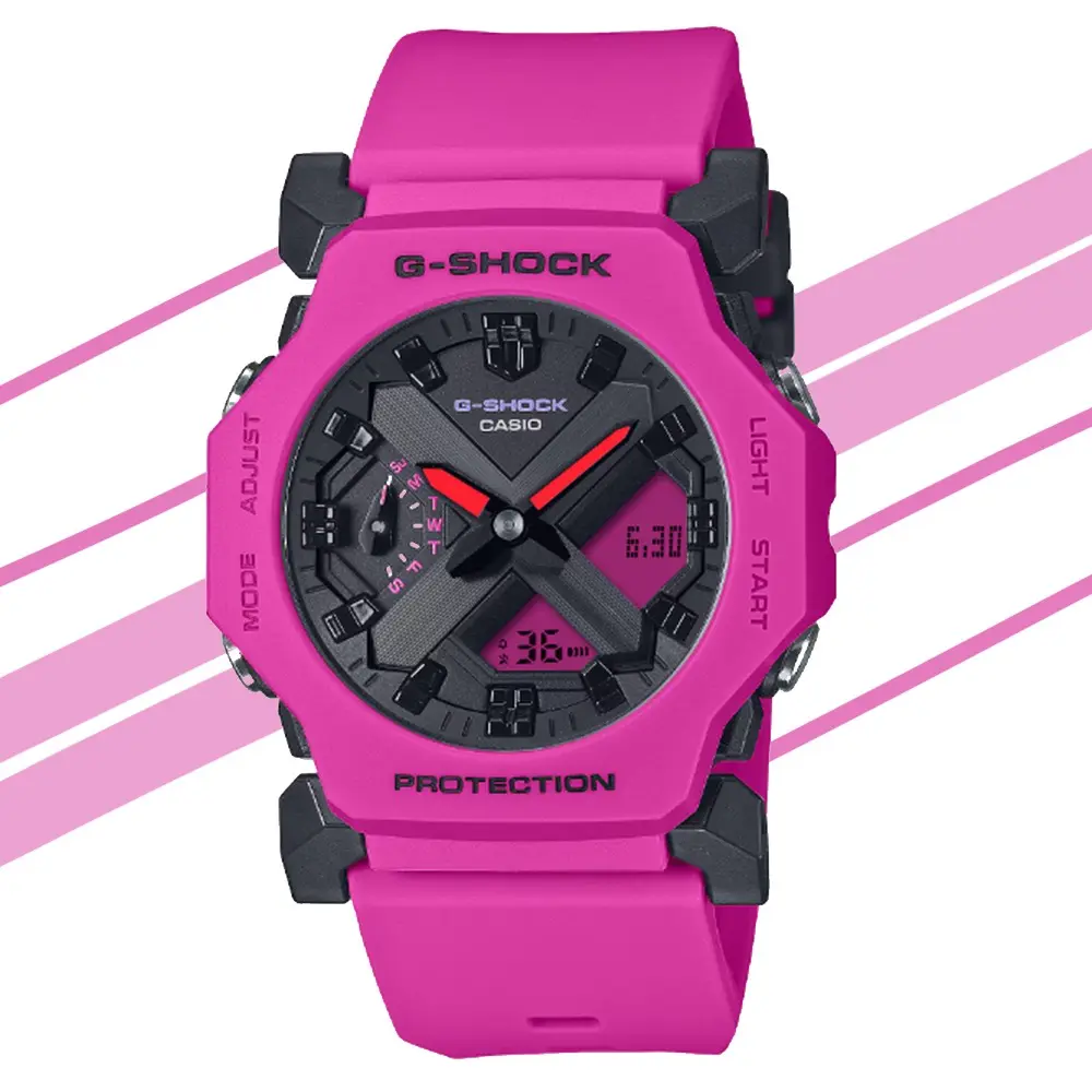 【CASIO 卡西歐】G-SHOCK 未來時尚 小巧纖薄雙顯錶-亮粉 GA-2300-4A 防水200米