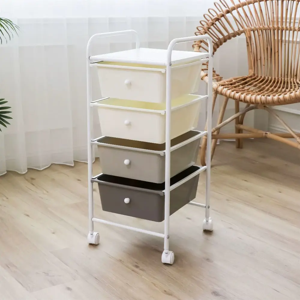 【H&R 安室家】臺製奶茶色四層收納抽屜車G193