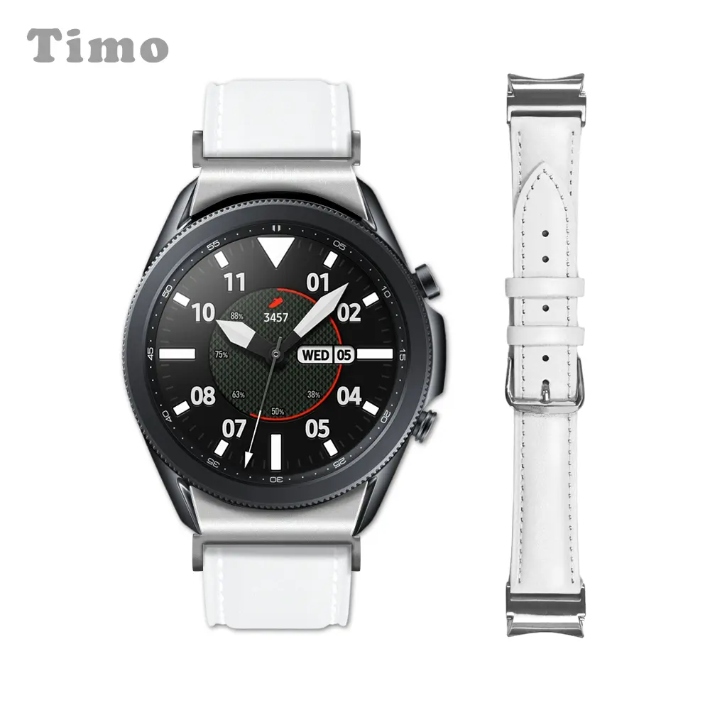 【Timo】SAMSUNG 三星 Galaxy Watch 7/6/5/4 按鍵式平紋皮革錶帶-白色