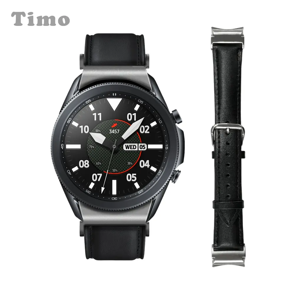 【Timo】SAMSUNG 三星 Galaxy Watch 7/6/5/4 按鍵式平紋皮革錶帶-黑色