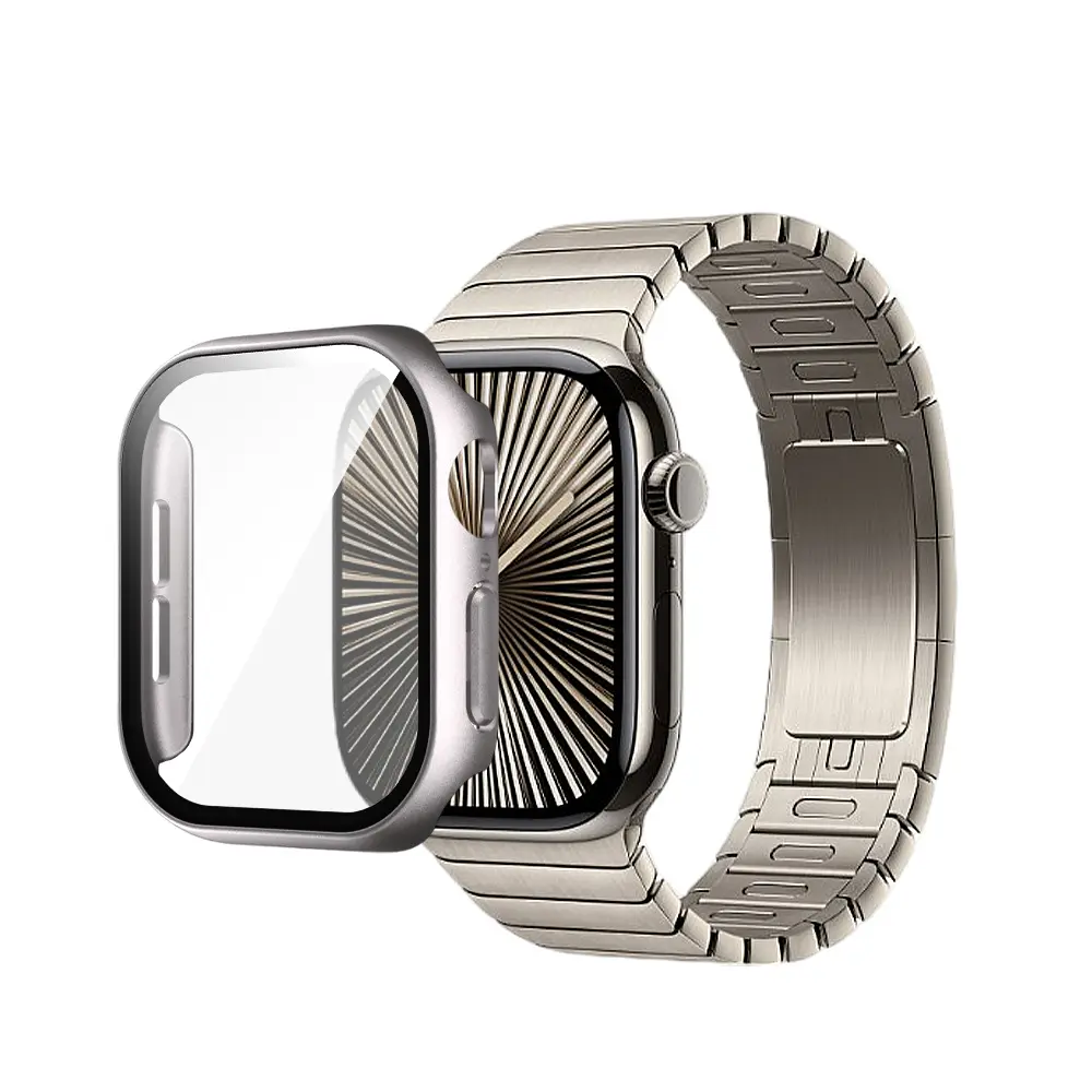 【Timo】Apple Watch 46mm 鋼化玻璃+防摔殼 二合一保護殼/錶殼-鈦色