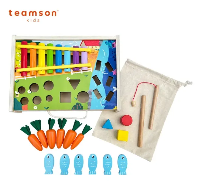 【下單有禮】【TEAMSON】木製釣魚四合一玩具盒組(釣魚/採蘿蔔/鐵琴/積木四合一組)