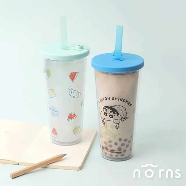 蠟筆小新雙層透明吸管杯- Norns Original Design 正版授權 飲料杯 珍珠奶茶杯 隨行杯 環保杯-睡衣圖形