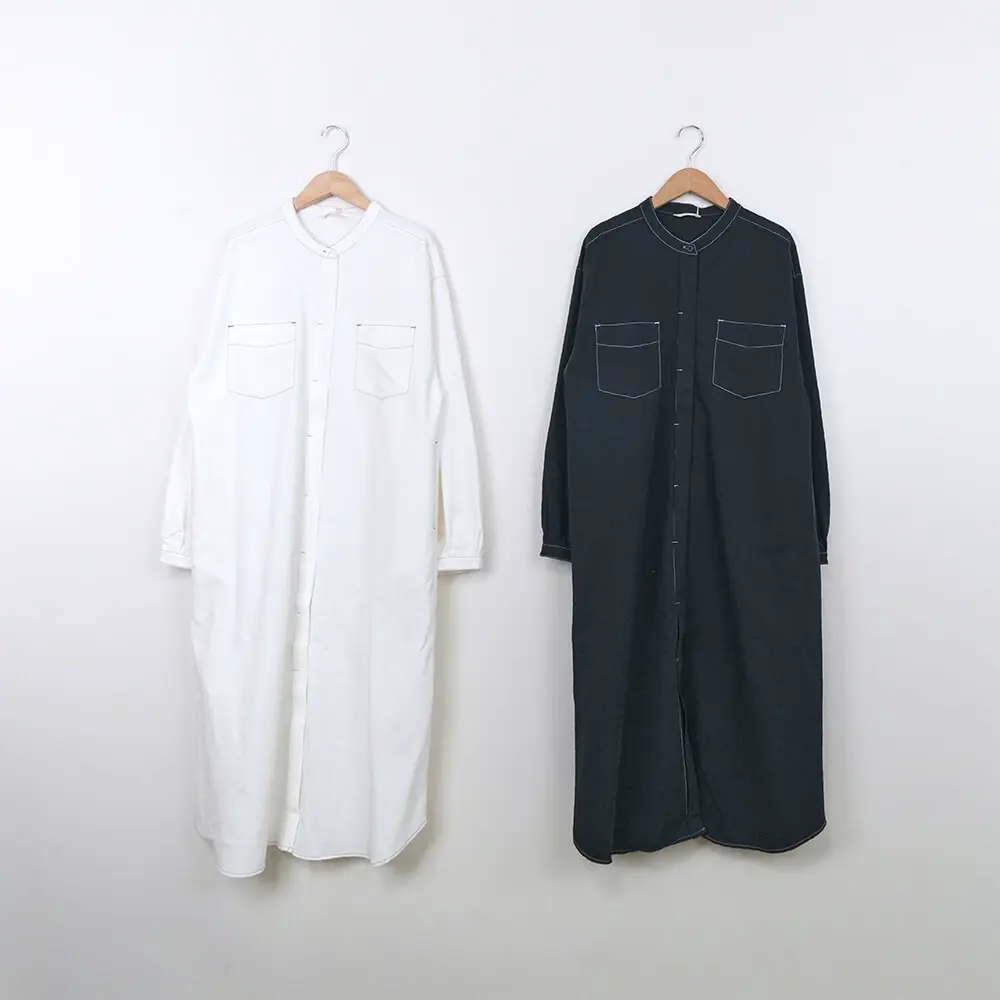 【MOSS CLUB】棉質撞色壓線設計長版長袖洋裝 藍 白 36038401#白-白