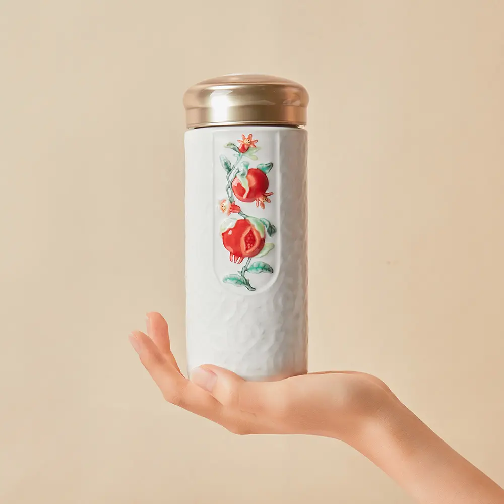 乾唐軒活瓷 |榴花碩果隨身杯 / 大 / 雙層 / 彩釉 / 3色 330ml#牙白-牙白
