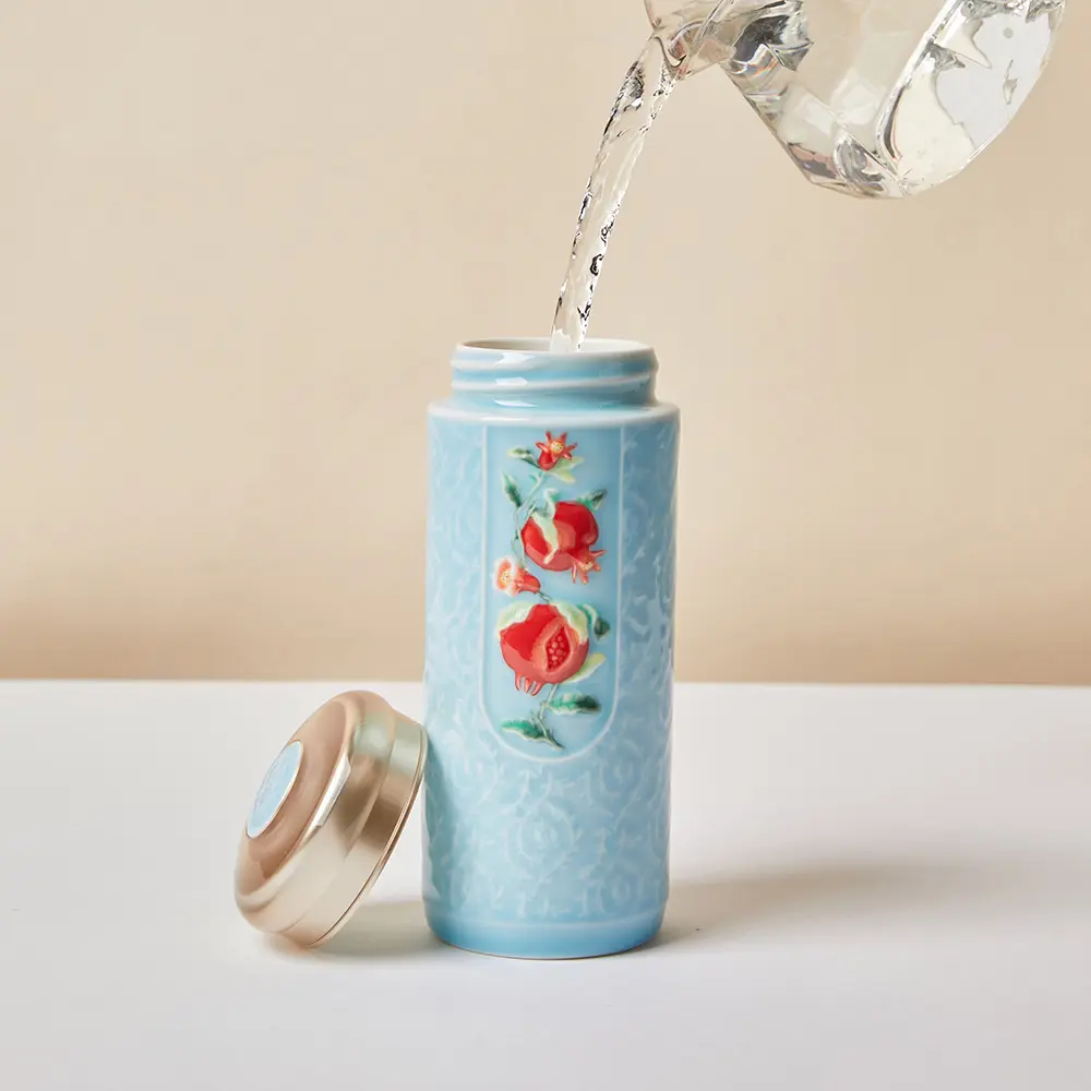 乾唐軒活瓷 |榴花碩果隨身杯 / 大 / 雙層 / 彩釉 / 3色 330ml#淺水藍-淺水藍