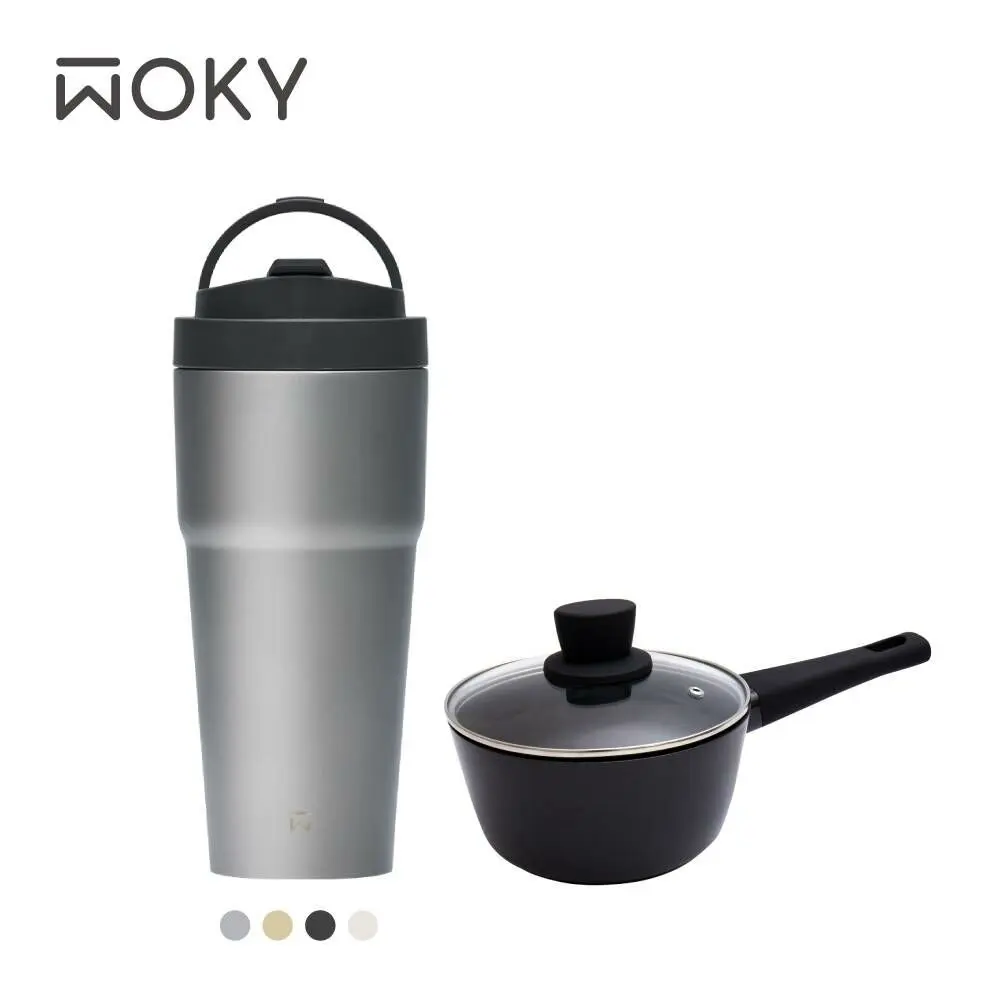 【WOKY 沃廚】《新品登場》Ti 純鈦渾圓杯770ml-AllDay隨行款 (抗熱款) (附Tritan扭扭彈跳粗吸管) +艾樂花崗巖萬用不沾鍋-奶鍋16CM#770ml瀾沙+16奶鍋-770ml瀾沙+16奶鍋