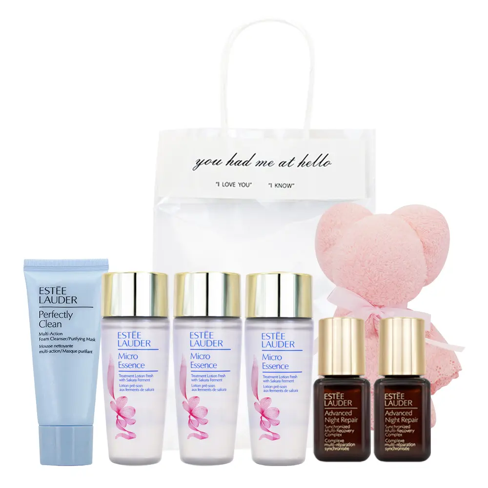 ESTEE LAUDER 雅詩蘭黛 旅行保養組(原生露櫻花輕盈版30mlx3+修護露7mlx2+潔面乳30ml)贈小熊毛巾 百貨公司專櫃貨