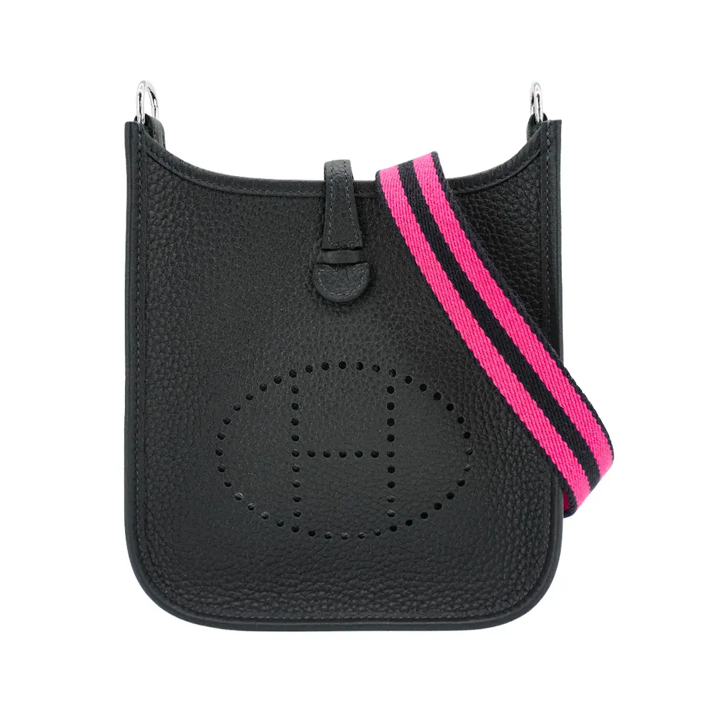 Hermes 展示品 Mini Evelyne TC牛皮銀釦桃藍背帶斜揹包(黑)