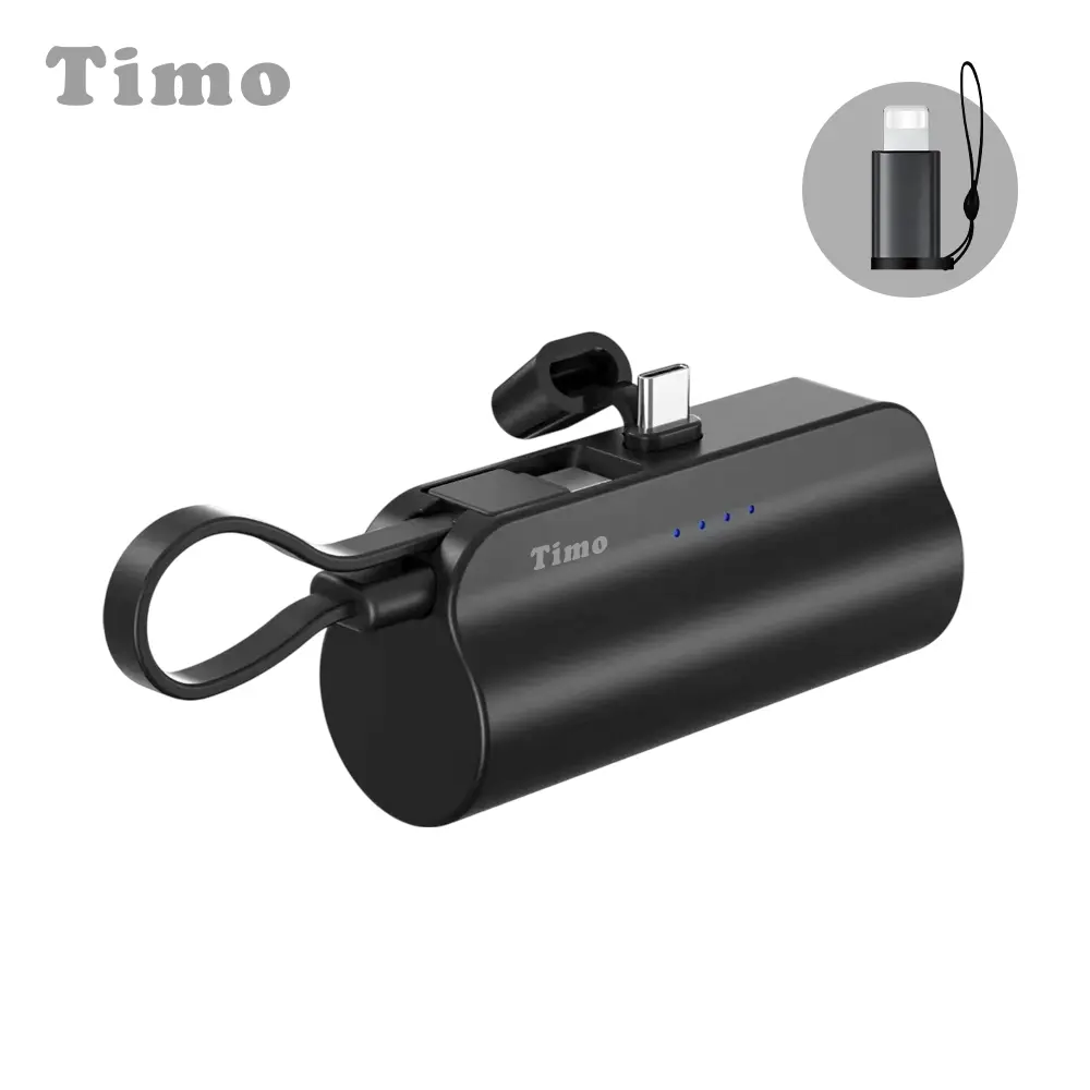 【Timo】Type-C直插式支架口袋行動電源 5000mAh 18.5Wh(附for Lightning轉接頭)-黑色