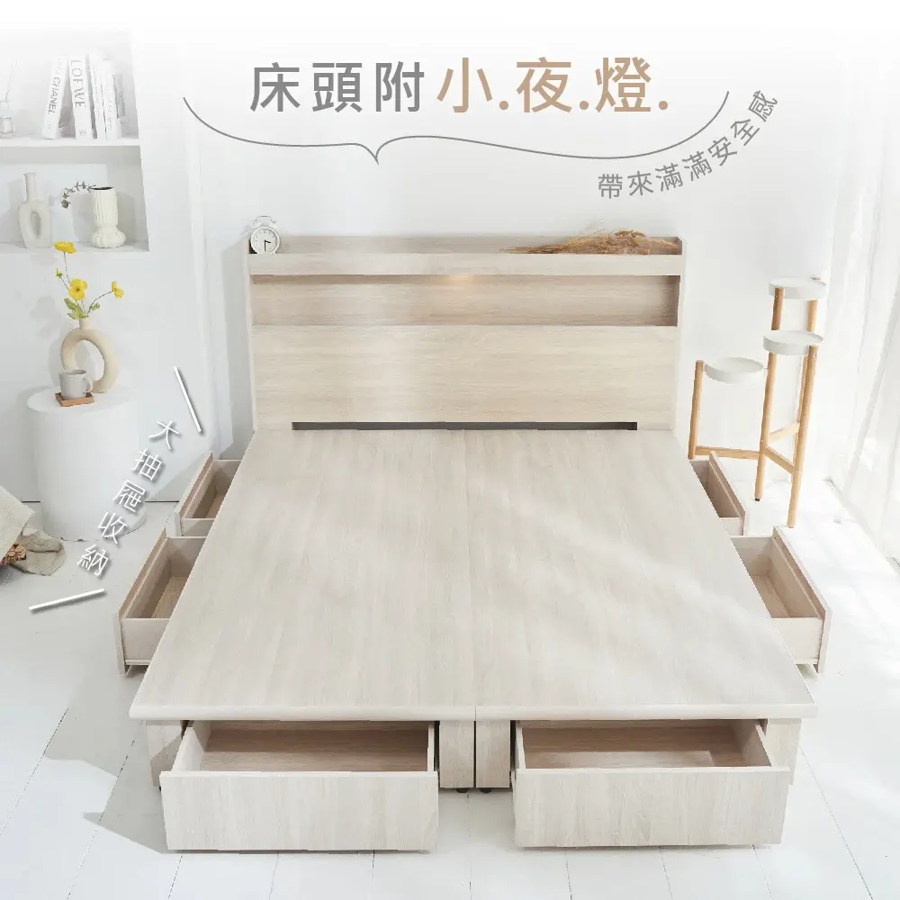 藤原傢俬】遙控/觸控燈附插座三件式床組5尺雙人(新6抽床架床底+床頭+