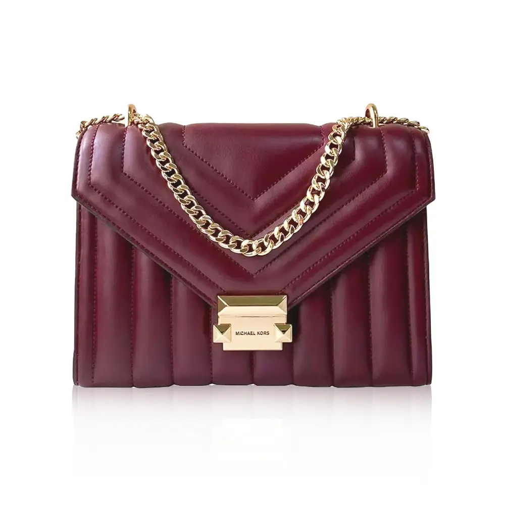 【Michael Kors】WHITNEY 山型紋皮革翻蓋磁釦肩背/斜揹包 酒紅色