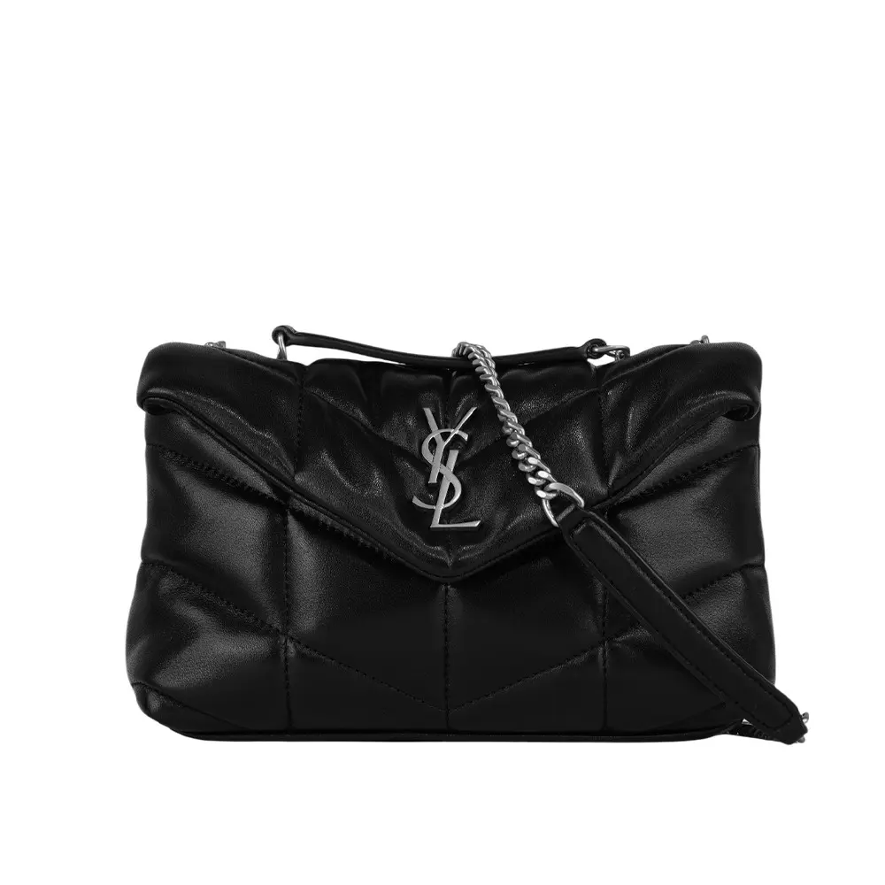 【YSL/Saint Laurent Paris】Puffer Toy 銀字縫線小羊皮迷你翻蓋鍊包