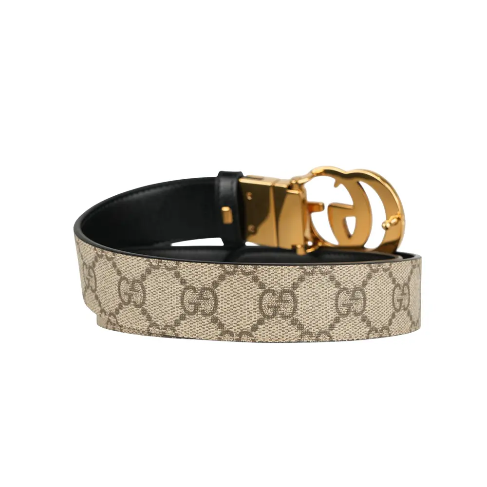 GUCCI】金色GG Logo 帆布及皮革雙面可用皮帶75cm｜Global Online