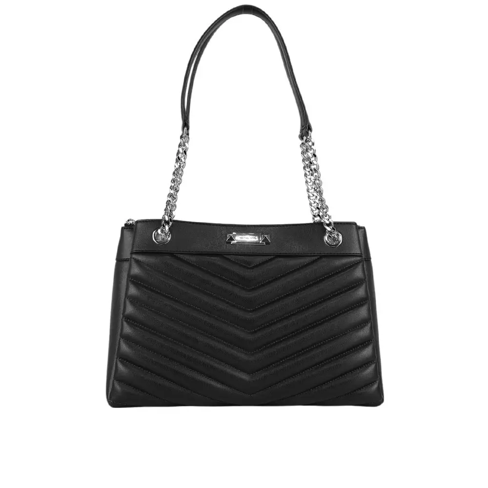 【Michael Kors】Whitney 銀釦縫線皮革鏈帶中型三層托特包