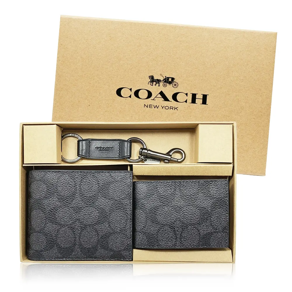 COACH】經典男士短夾附證件夾+鑰匙圈禮盒組老花x黑灰色｜Global Online｜Global Mall 環球Online