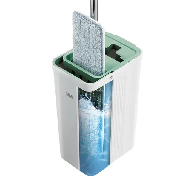 【3M】百利輕巧型免手洗平板拖把刮水桶 莫蘭迪綠(1桿1桶1吸水布)