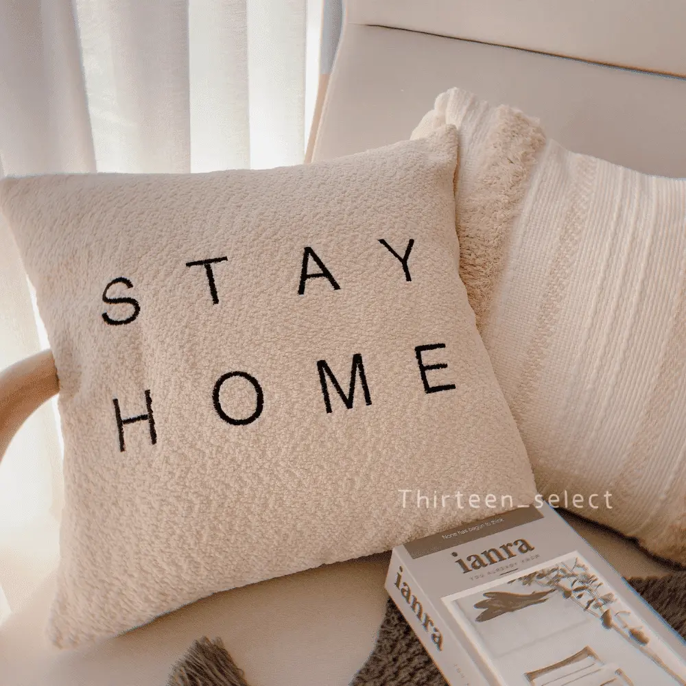 【THiRTEEN 拾參家居】Stay Home刺繡泰迪絨抱枕沙發靠枕 - 不含枕芯#米白色-米白色