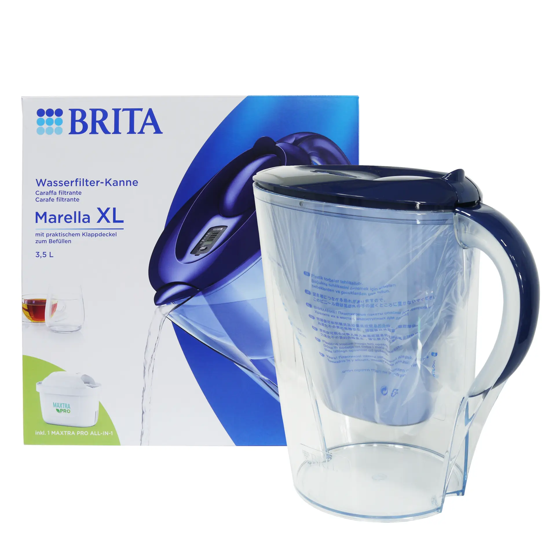 【1壺1芯組】德國原裝BRITA Marella XL馬利拉濾水壺3.5L藍(內含1入PRO濾芯)