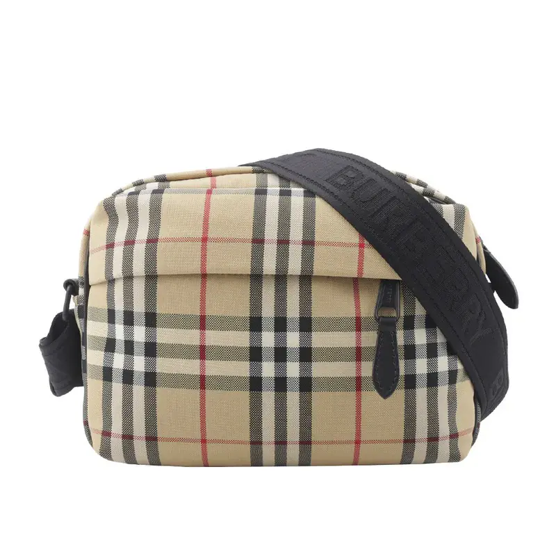 【BURBERRY】Paddy 格紋尼龍帆布拉鍊斜背包(經典米色)