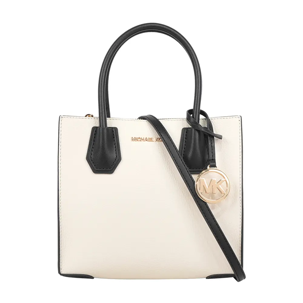 【Michael Kors】Mercer Logo 吊飾拼色粒紋皮革中型二用包(奶油色)
