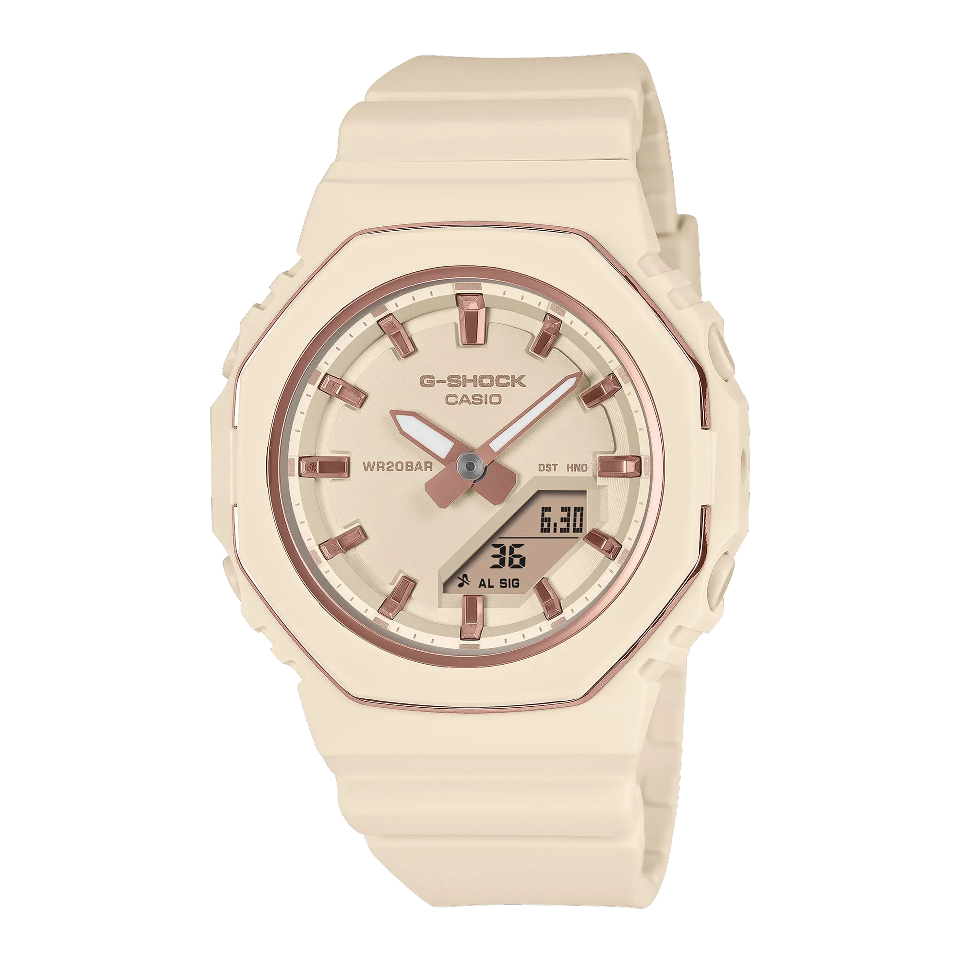 【CASIO 卡西歐】G-SHOCK WOMEN 清爽俐落 雙顯手錶 -40.5mm 粉米色 GMA-P2110-4A