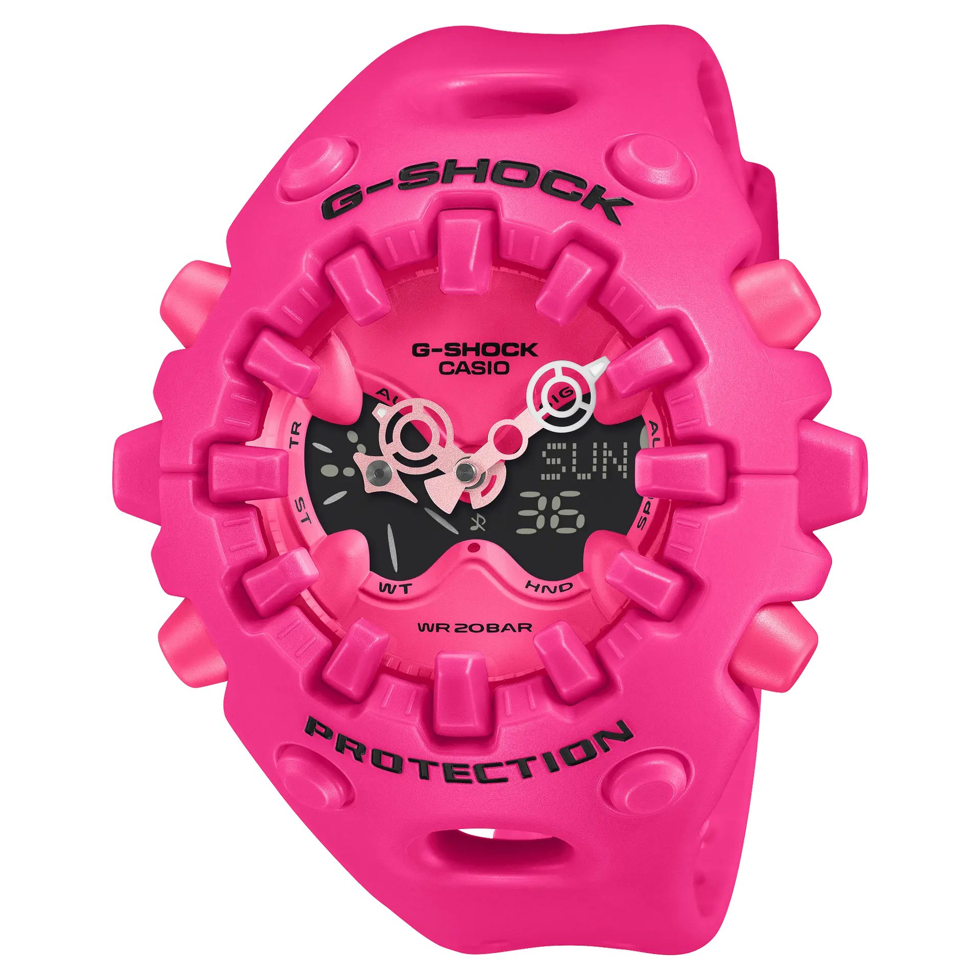 【CASIO 卡西歐】G-SHOCK 絕對強悍 金屬錶盤 雙顯錶款 粉色 58.2mm GA-V01-4A