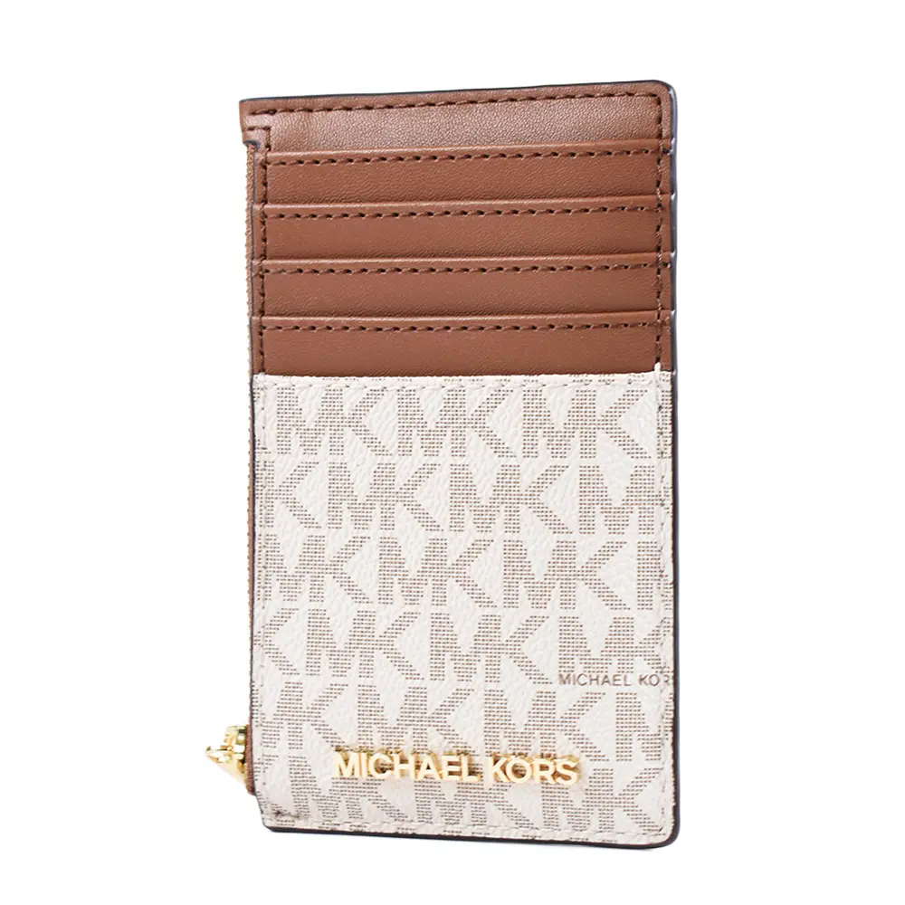 MICHAEL KORS 緹花LOGO防刮證件/拉鍊零錢包-香草白