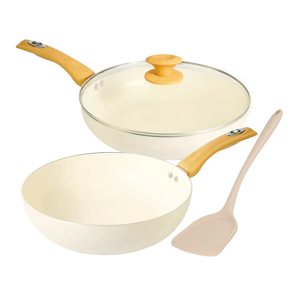 《掌廚HiCHEF》CREAMY 不沾鍋28CM 煎炒鍋+平底鍋+安全玻璃蓋+矽膠鏟(IH電磁爐適用)