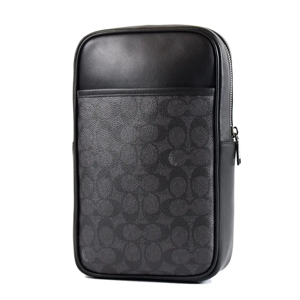 COACH 男款 緹花LOGO防刮方型拉鍊胸包-灰黑