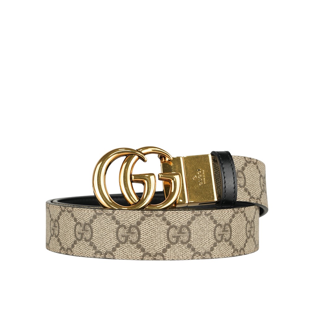 GUCCI】金色GG Logo 帆布及皮革雙面可用皮帶75cm｜Global Online