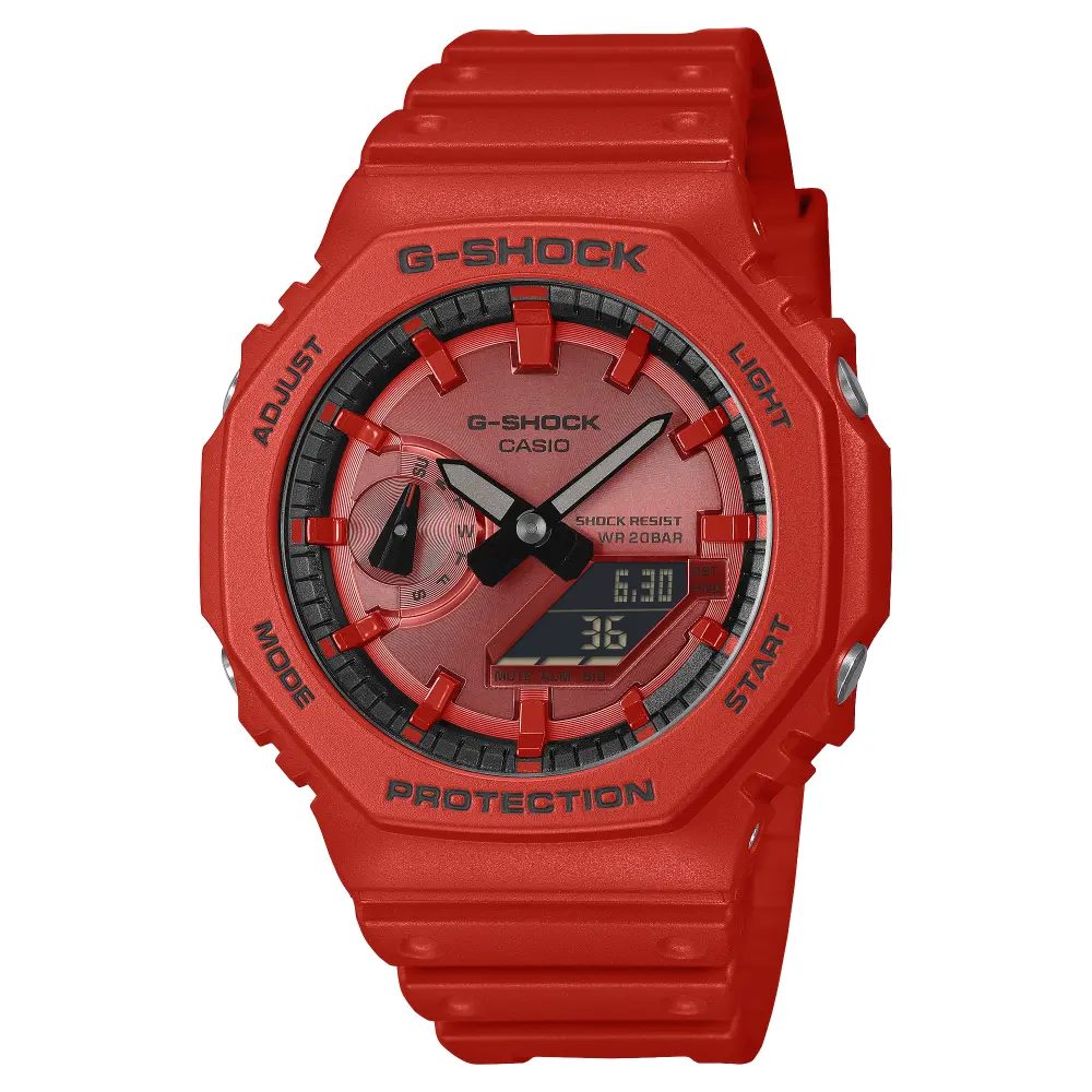 【CASIO 卡西歐】G-SHOCK 大膽鮮豔 紅黑配色 時尚八角形雙顯錶 GA-2100RRB-4A