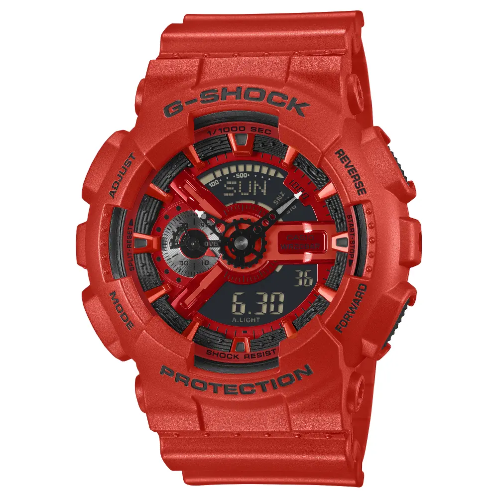 【CASIO 卡西歐】G-SHOCK 時尚鮮豔 紅黑配色 大錶徑雙顯錶 GA-110RRB-4A