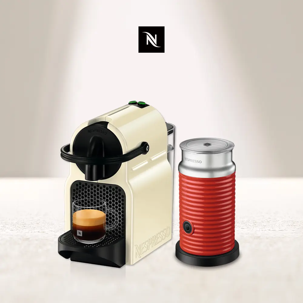 【Nespresso】膠囊咖啡機 Inissia 香草黃 紅色奶泡機組合