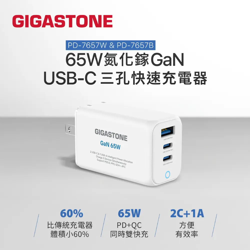 【Gigastone】65W GaN氮化鎵 Type-C 三孔快充充電器/旅充(PD-7657)-白色
