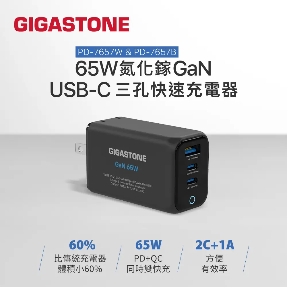 【Gigastone】65W GaN氮化鎵 Type-C 三孔快充充電器/旅充(PD-7657)-黑色