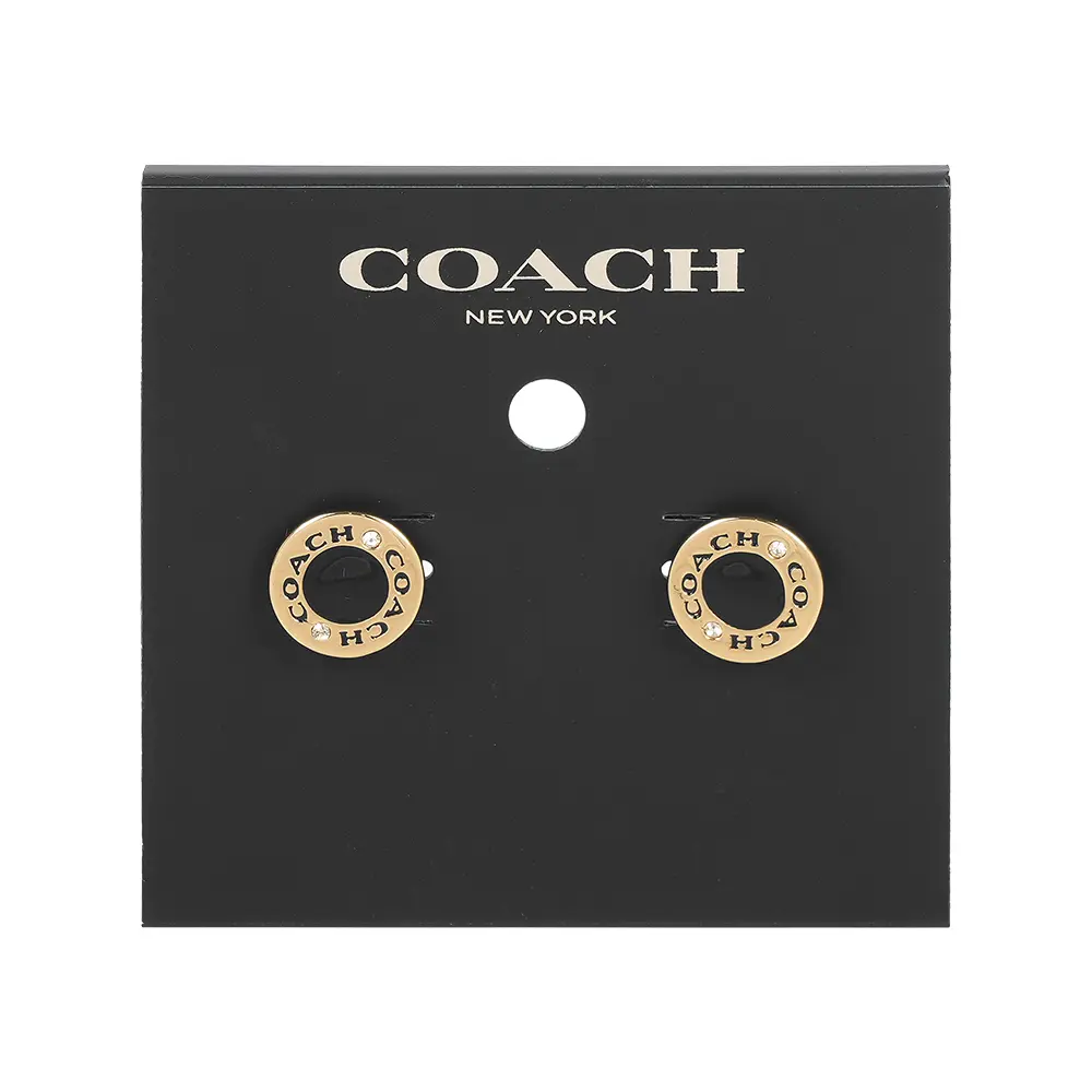 【COACH】Logo 及水鑽琺瑯圓形針式耳環(金色/黑色)