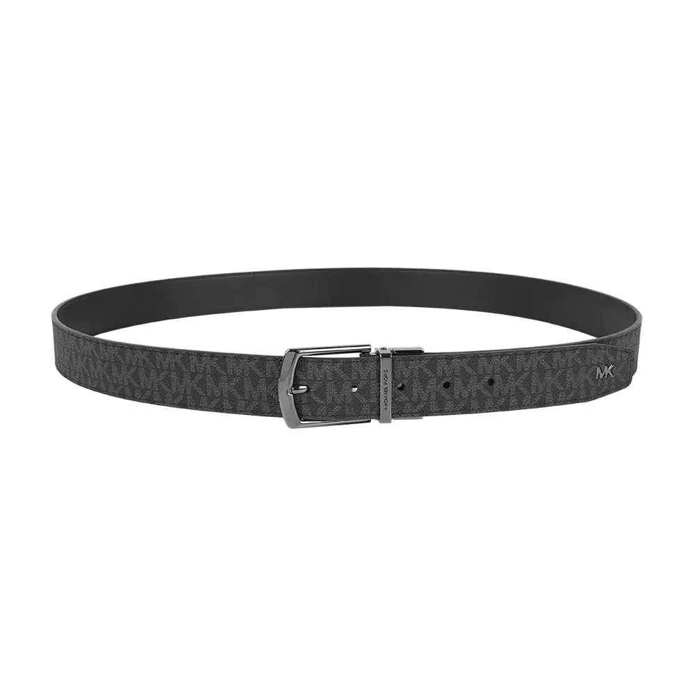 【Michael Kors】銀字Logo 塗層帆布寬34mm指針式雙面可用皮帶(黑灰色/黑色)