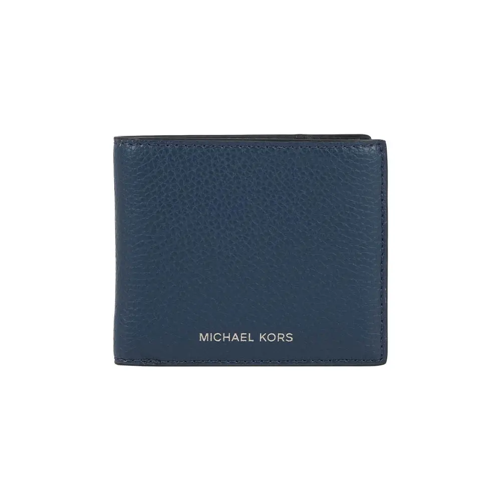 【Michael Kors】銀字Logo 荔枝皮革對開證件照短夾(海軍藍)