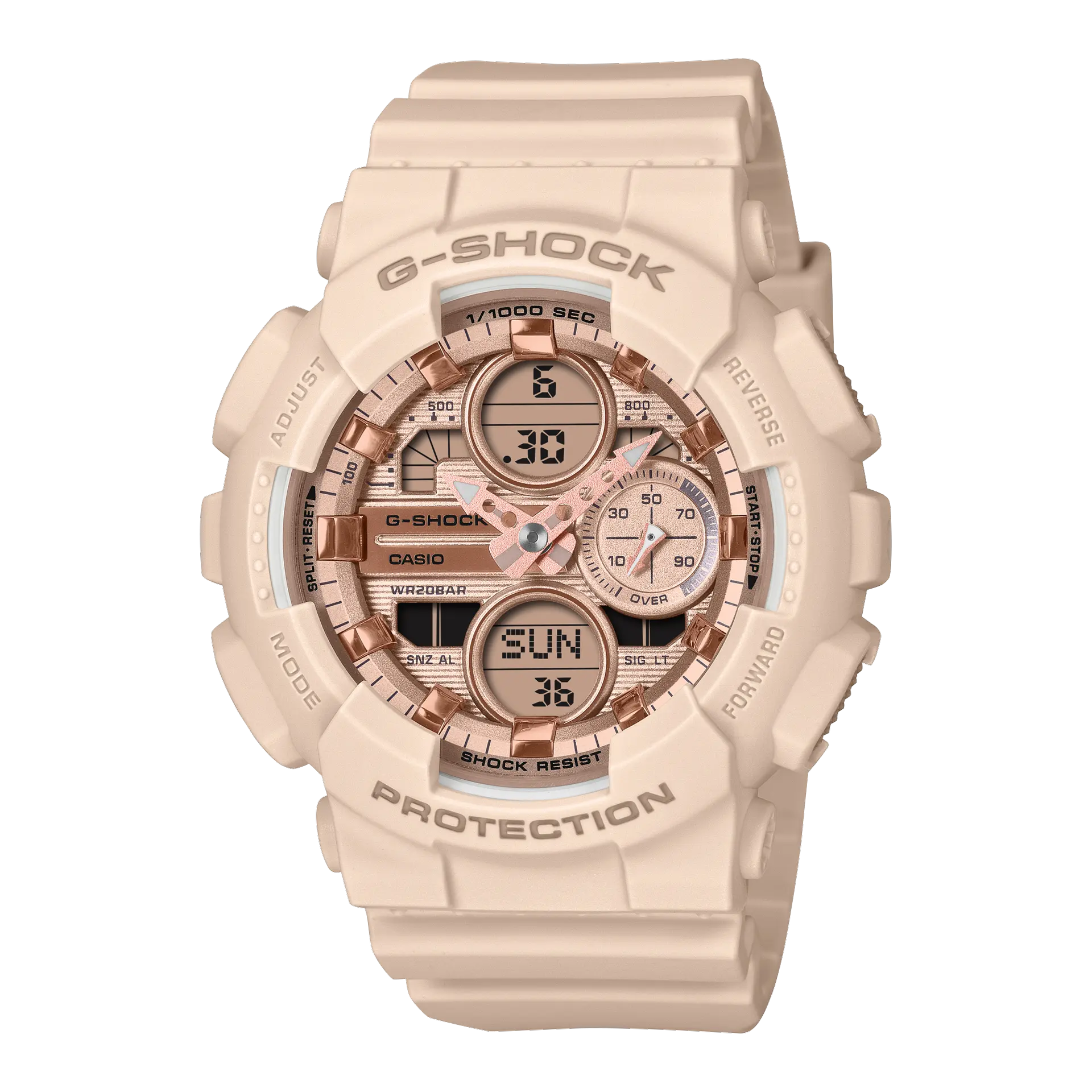 【CASIO 卡西歐】G-SHOCK 指標數位 玫瑰金色調金屬錶盤 粉紅色 GMA-S140PG-4A