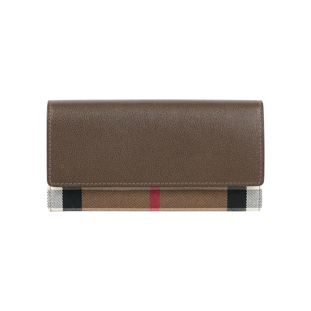 【BURBERRY】Halton 大格紋帆布及牛皮翻蓋二折長夾(烏木棕)