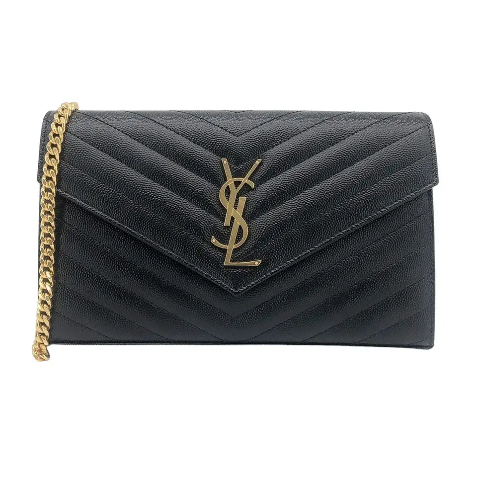 YSL Saint Laurent Monogram V字縫線牛皮金logo斜肩/手拿包(377828-黑)