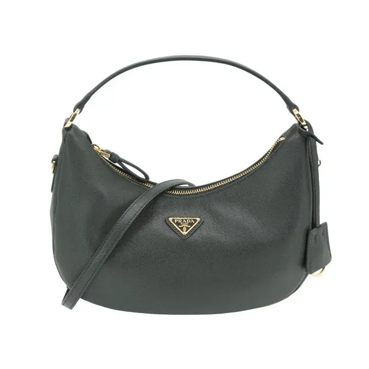 Prada Saffiano 金三角logo小牛皮彎月手提兩用包(1BC272-黑)