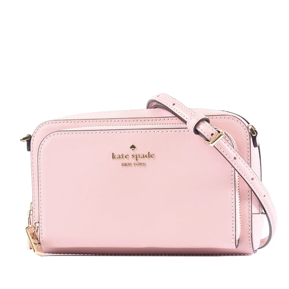 KATE SPADE Staci 雙層拉鍊置物十字紋防刮斜背包-芭蕾粉