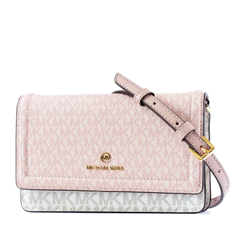 MICHAEL KORS 專櫃款 緹花LOGO翻蓋釦式斜背WOC包-芭蕾粉