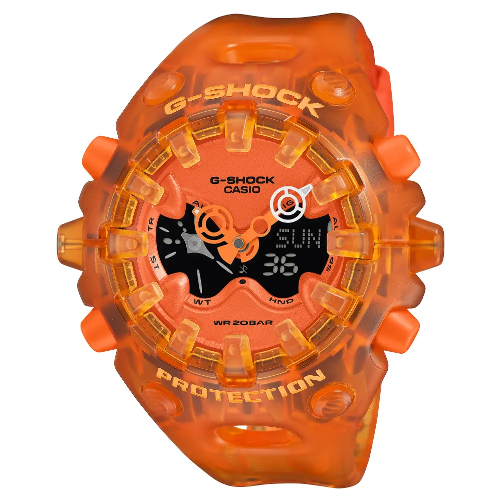 【CASIO 卡西歐】G-SHOCK Y2K 半透明 絕對強悍 金屬錶盤 橘 58.2mm GA-V01SKE-4A