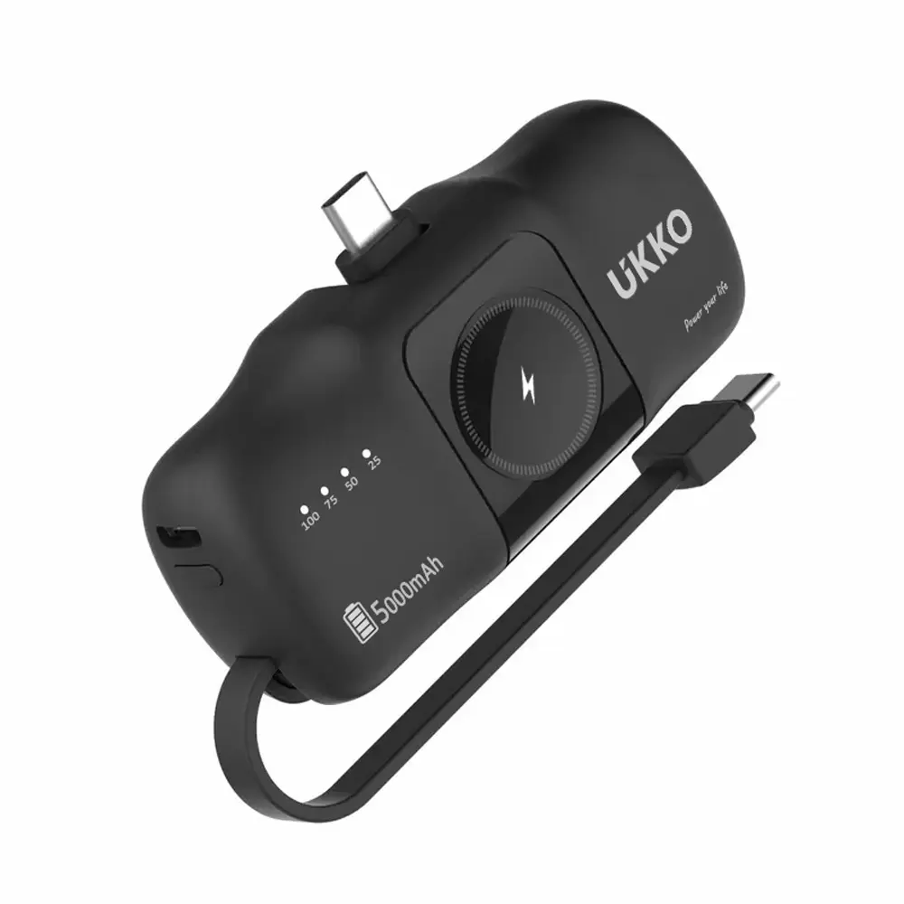 【UKKO】3合1 充手機/Watch+自帶TypeC線 直插式 5000mAh快充行動電源(口袋型行充、TypeC接頭可折收)+附收納盒 (黑色)