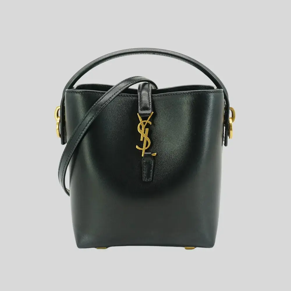 YSL 展示品 LE 37 小羊皮金釦迷你水桶包(765870-黑)