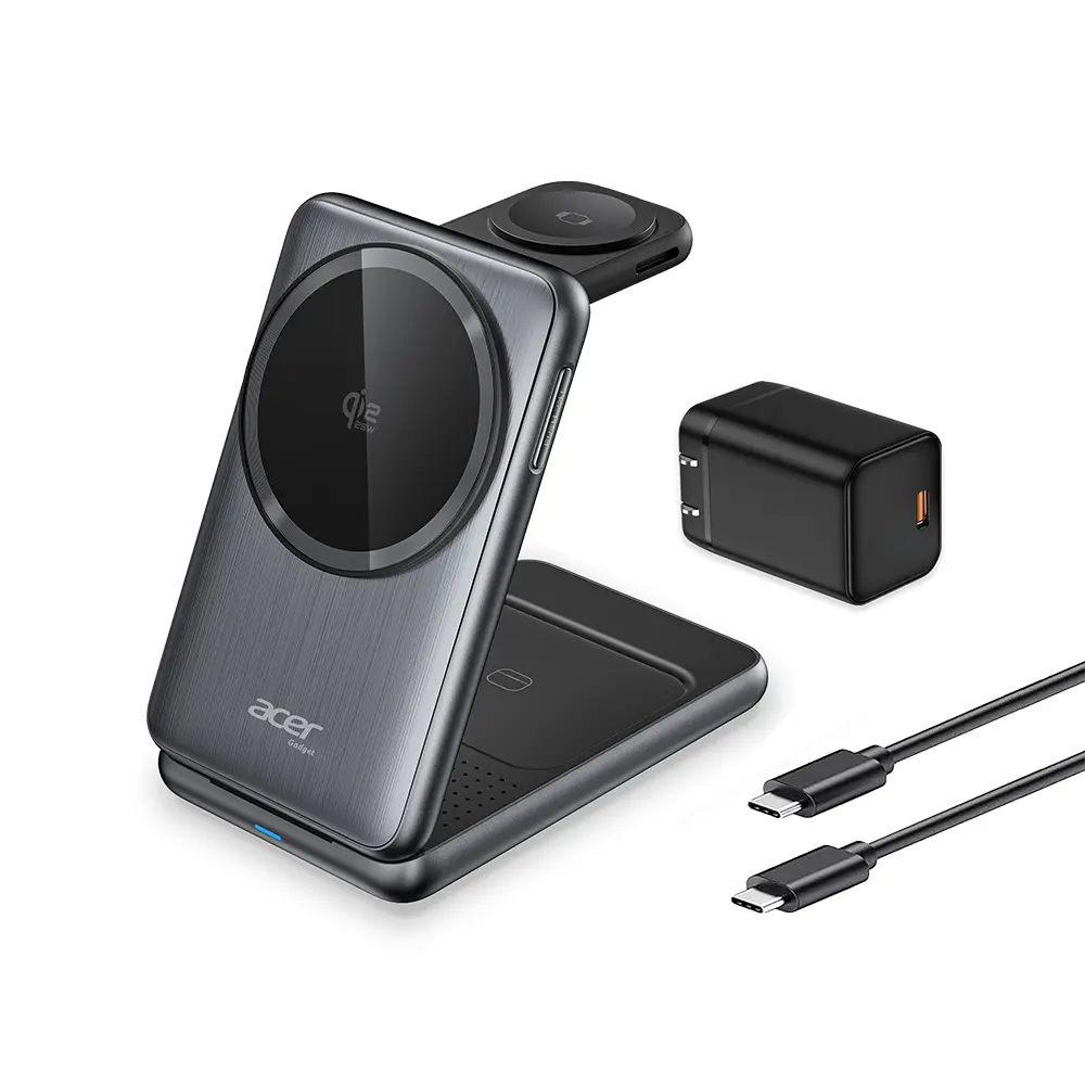 【Acer Gadget】Qi2.2 25W 三合一折疊無線充電座組(附充電頭/ACC-MJ290)-黑色