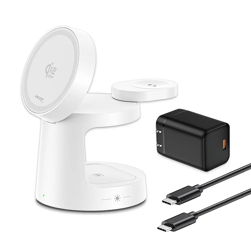 【Acer Gadget】Qi2.2 25W 三合一小夜燈磁吸無線充電座組(附充電頭/ACC-MJ291)-白色